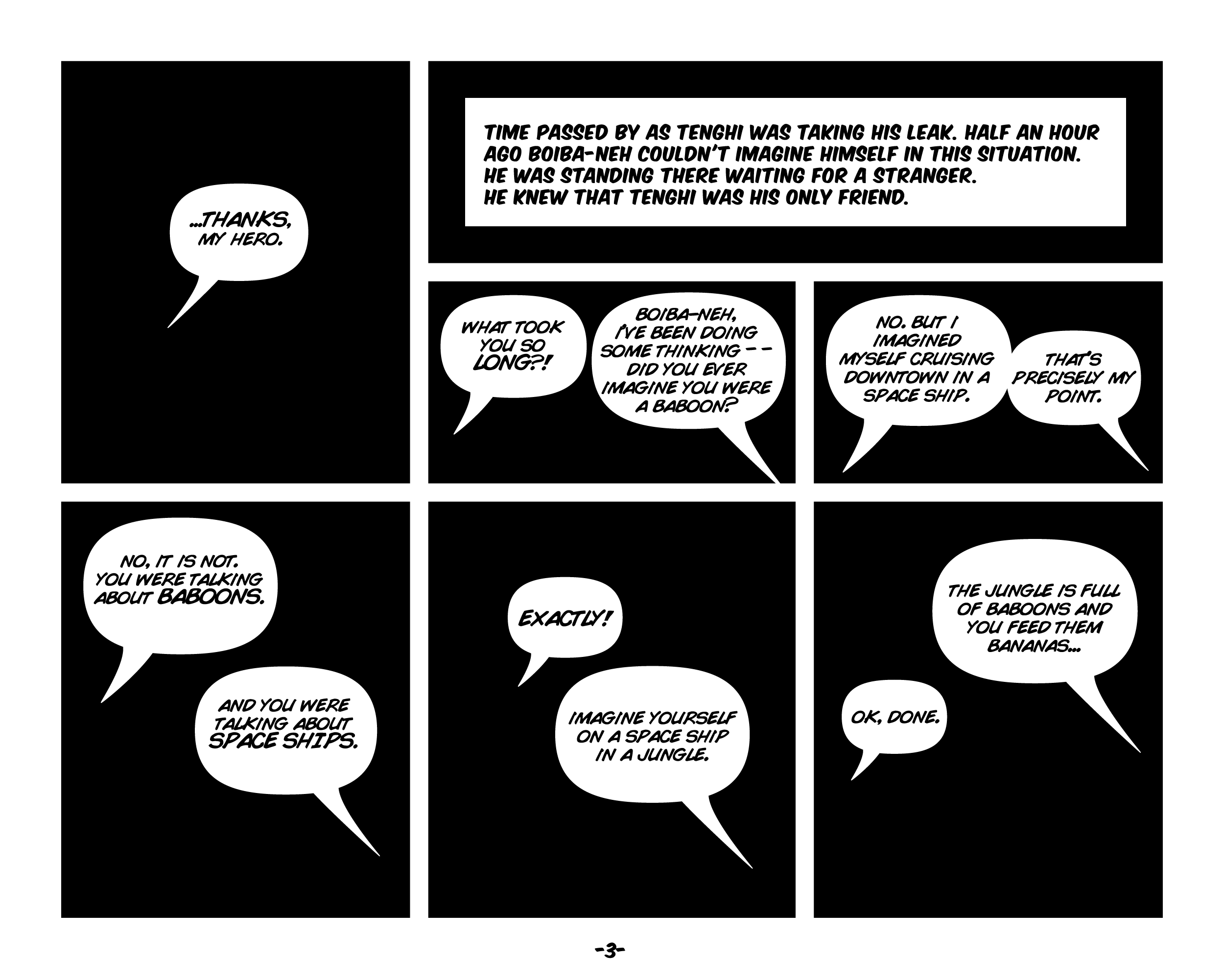 Six black comic panels containing white speech balloons and text