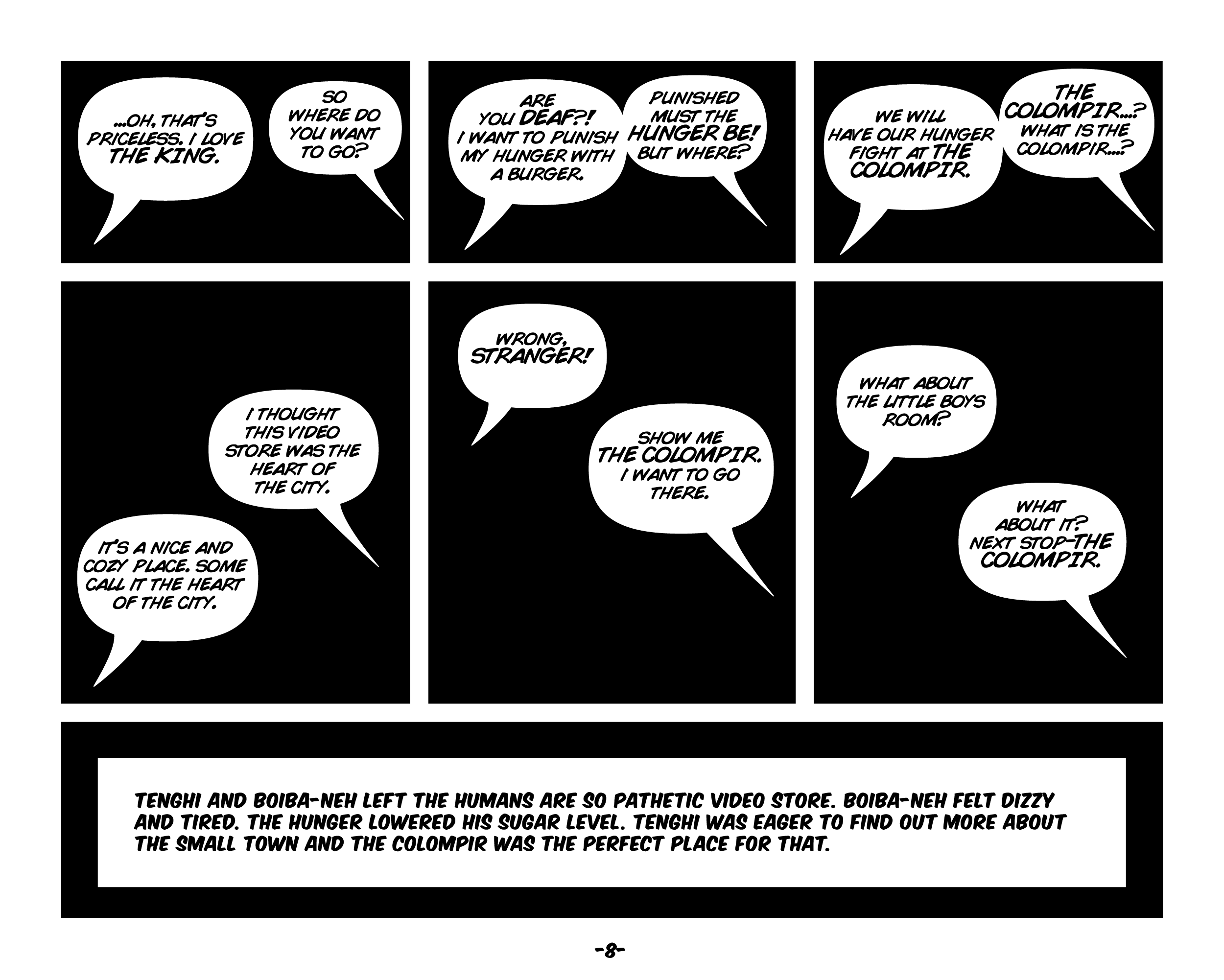 Grid of black comic panels with white speech balloons and a long caption strip