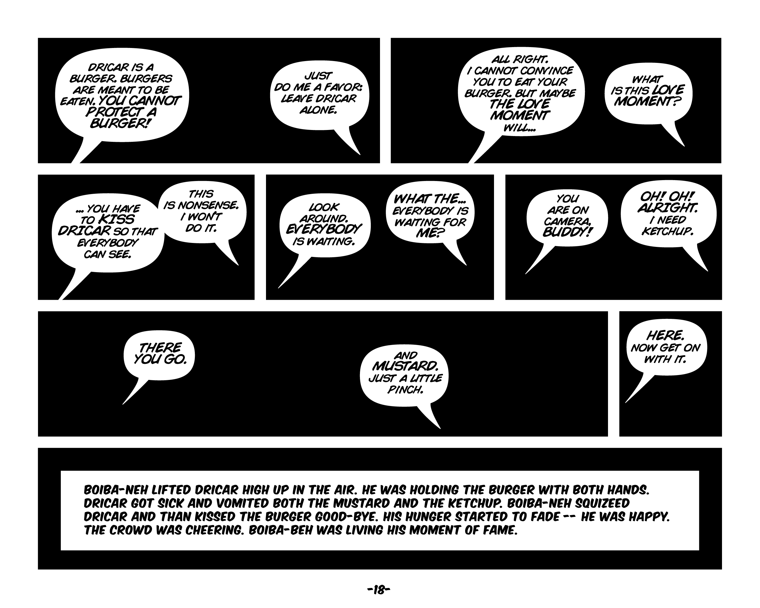 Black comic-panel page with white speech balloons, text boxes and a caption strip