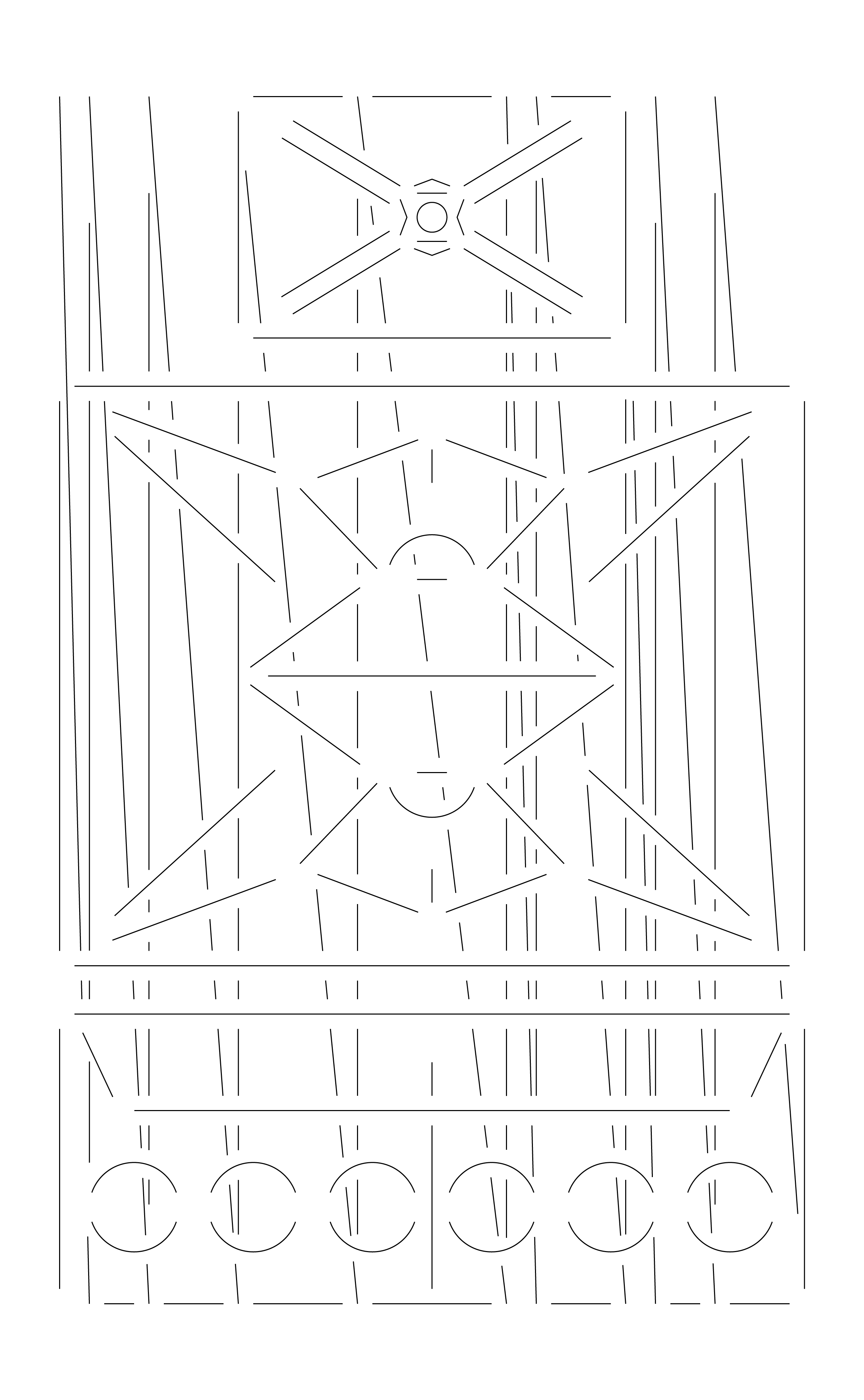 Fine-line vertical geometric panel with circles, rectangles and diagonal motifs