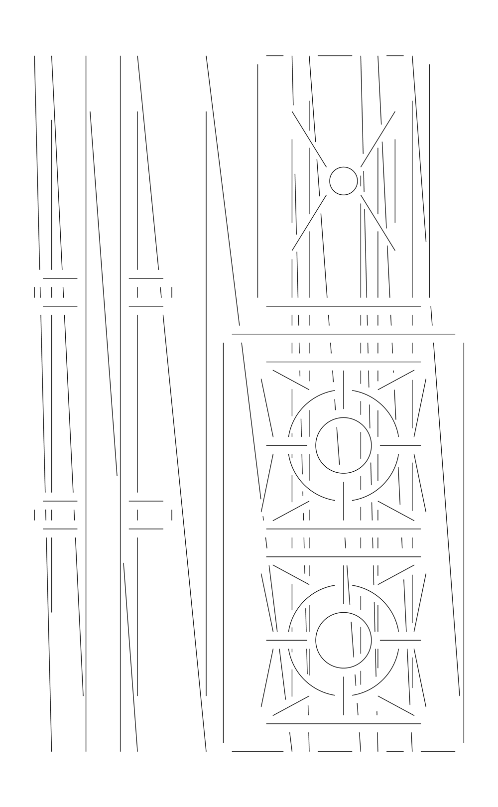 Fine-line vertical geometric panel with narrow stripes and circular motifs