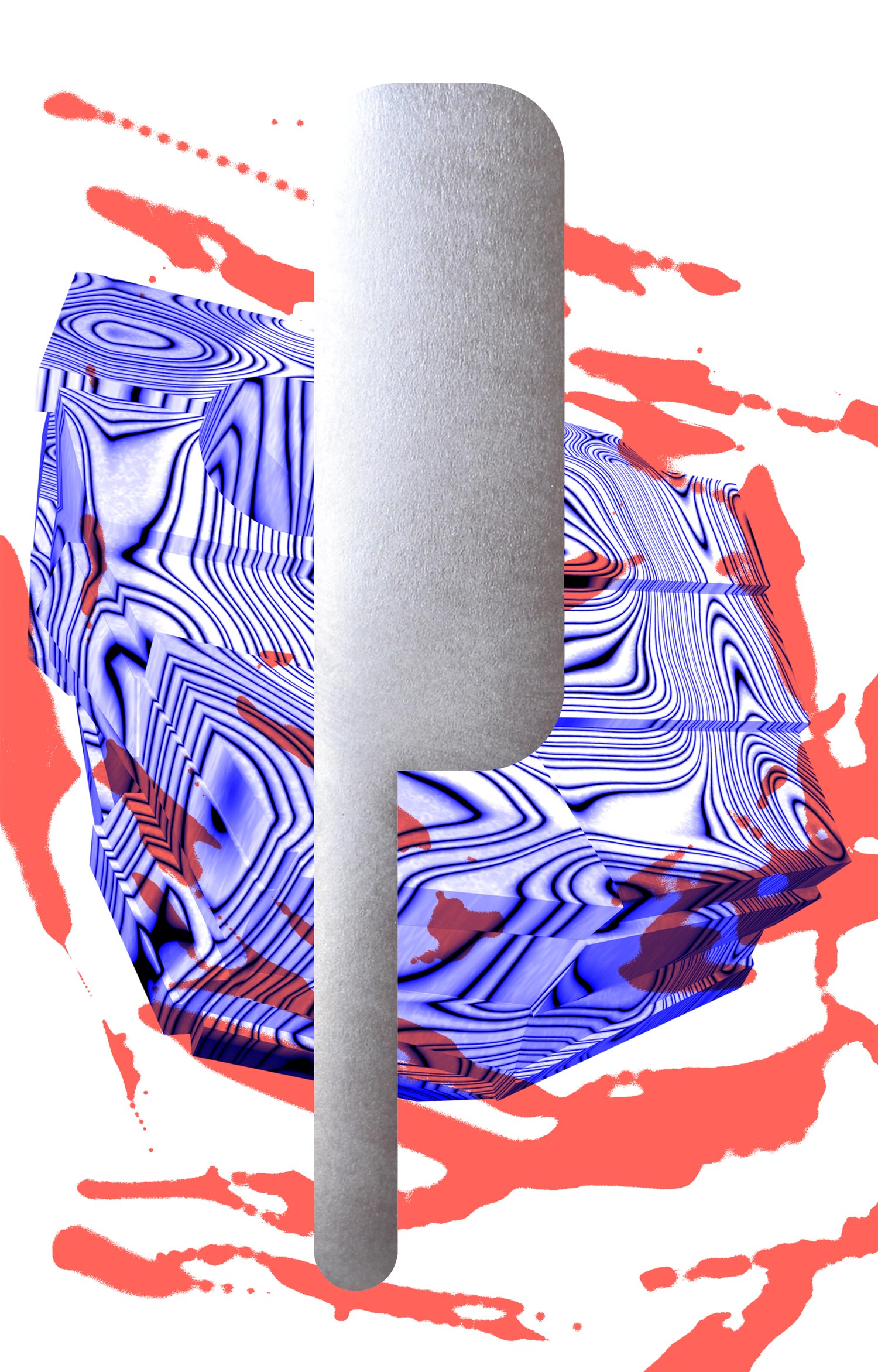 Silver fork-shaped object over a blue and red marbled circular pattern