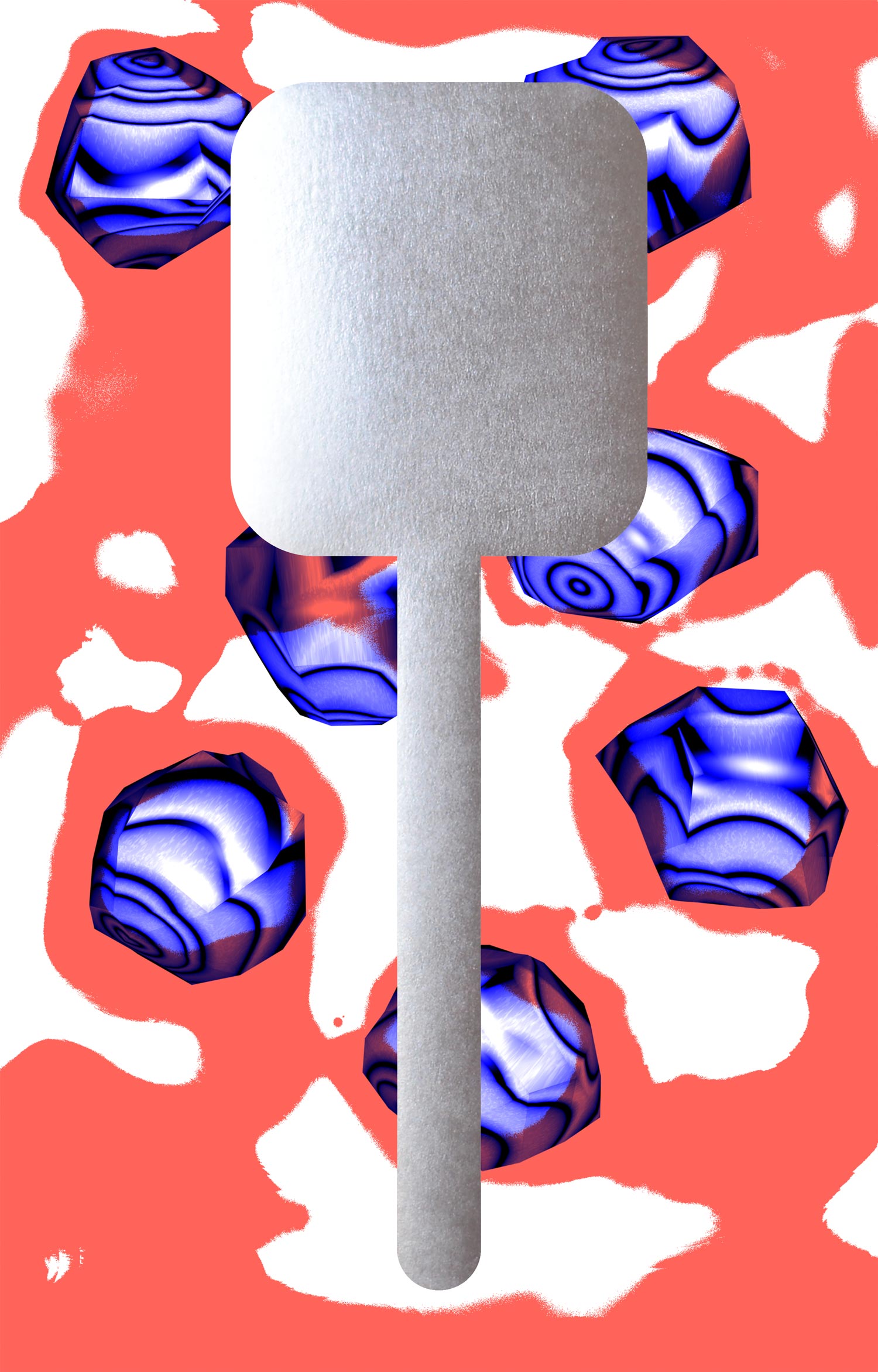 Silver fork-shaped object surrounded by blue marbled ovals on a red field