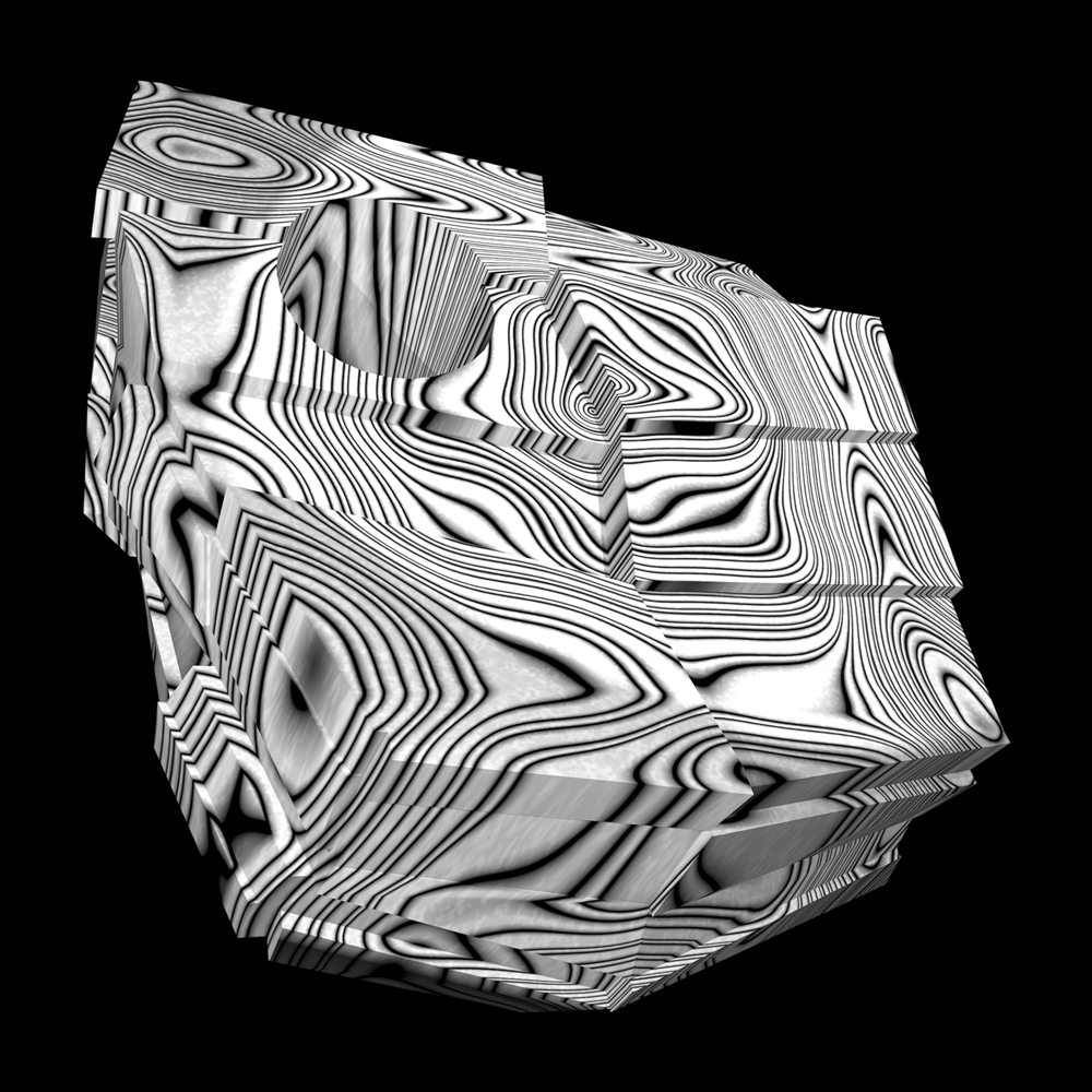 Black-and-white marbled sculptural form on a black background