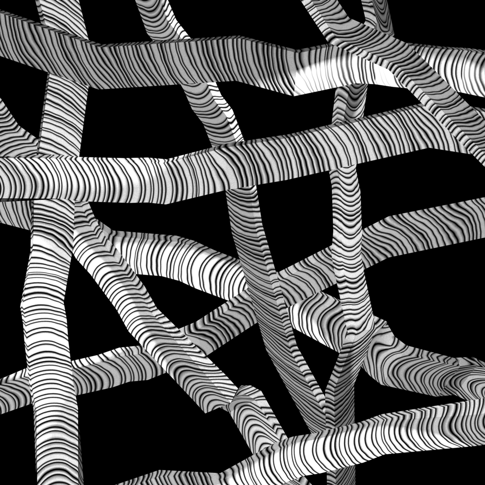 Interwoven black-and-white striped tubular forms on black
