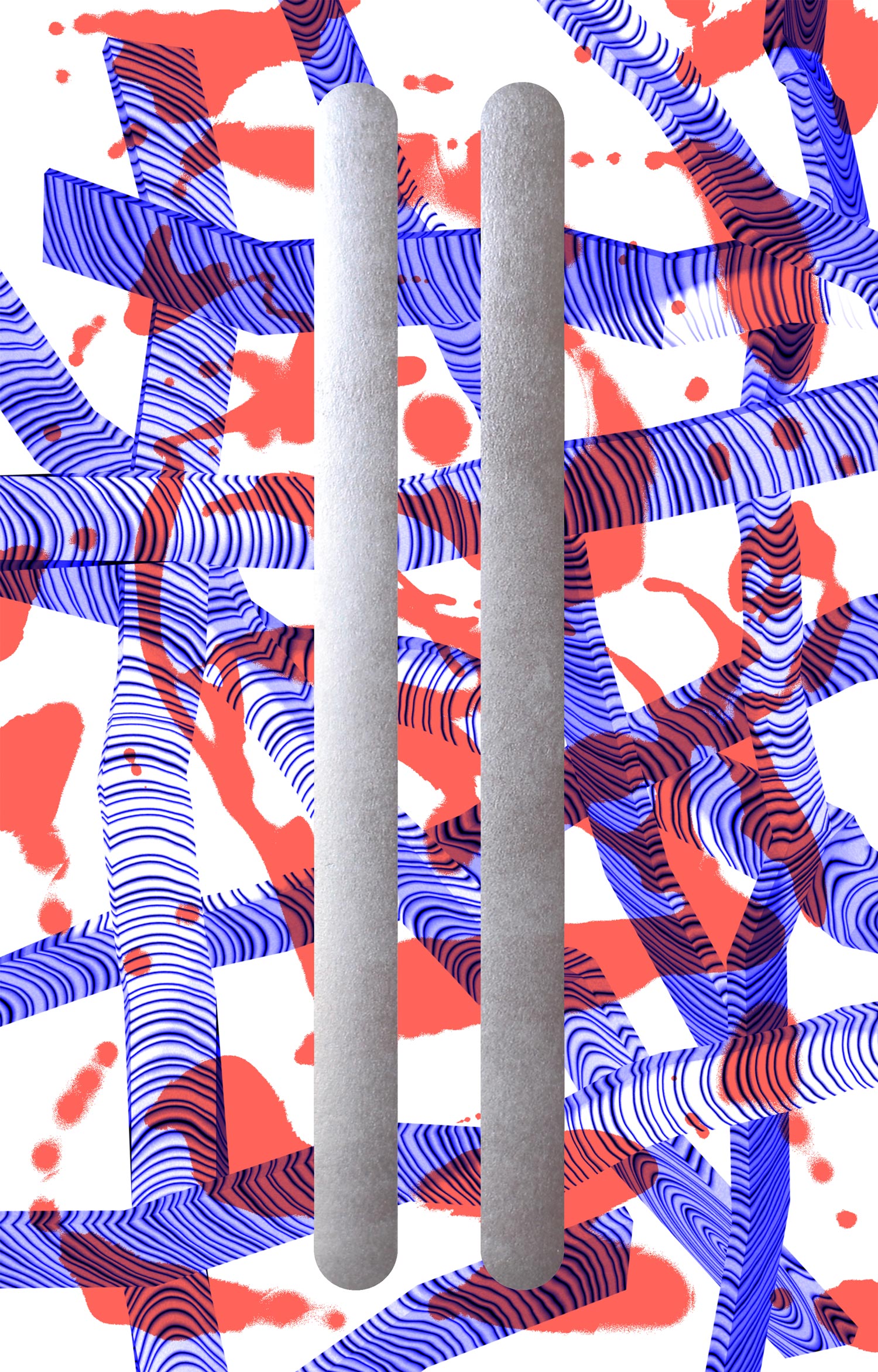 Silver fork-shaped object over a red, blue and white marbled pattern
