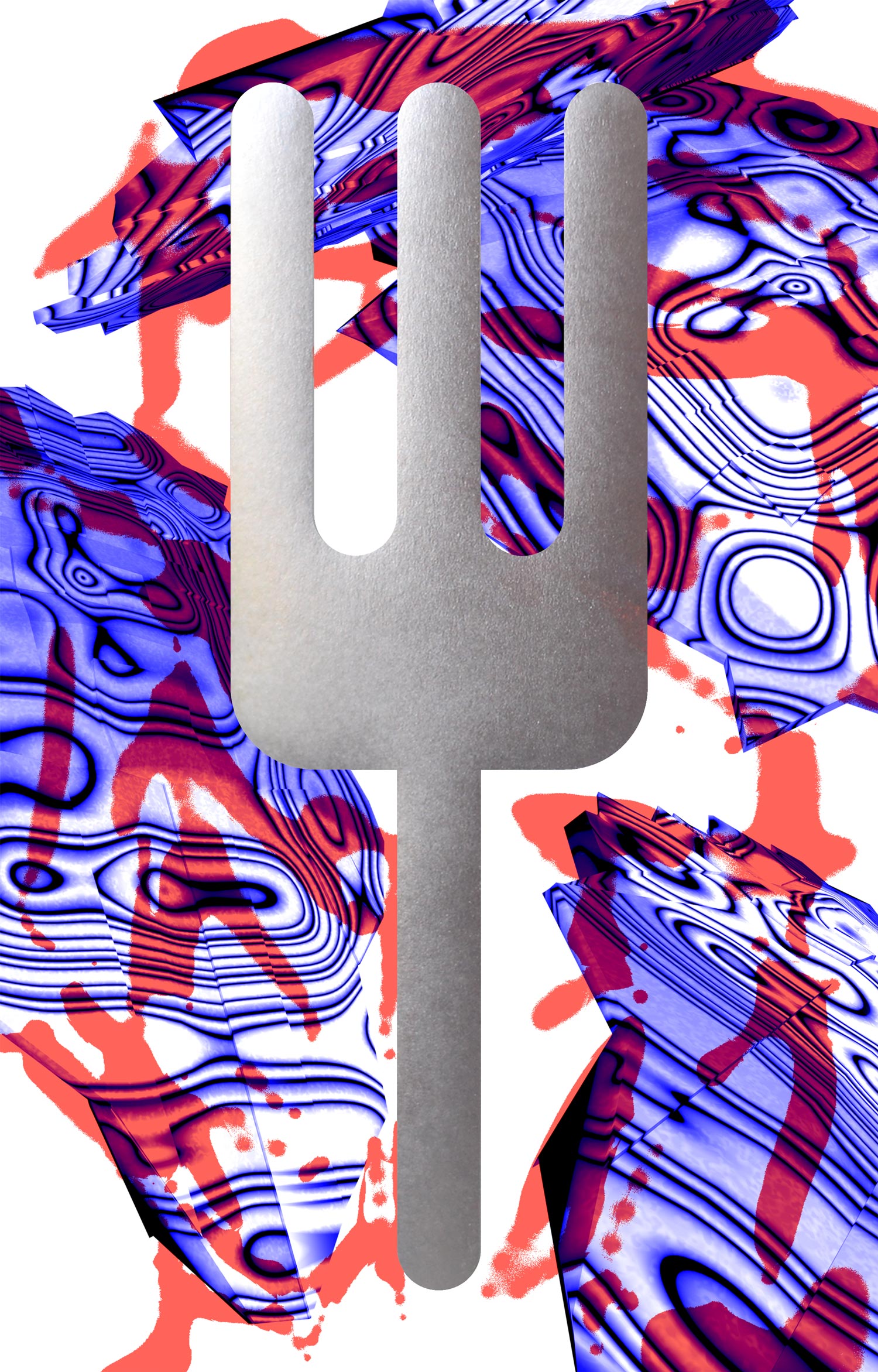 Close-up of a silver fork-shaped object layered over blue and red marbled forms