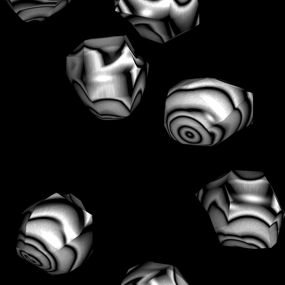 Four black-and-white marbled spherical forms floating on black