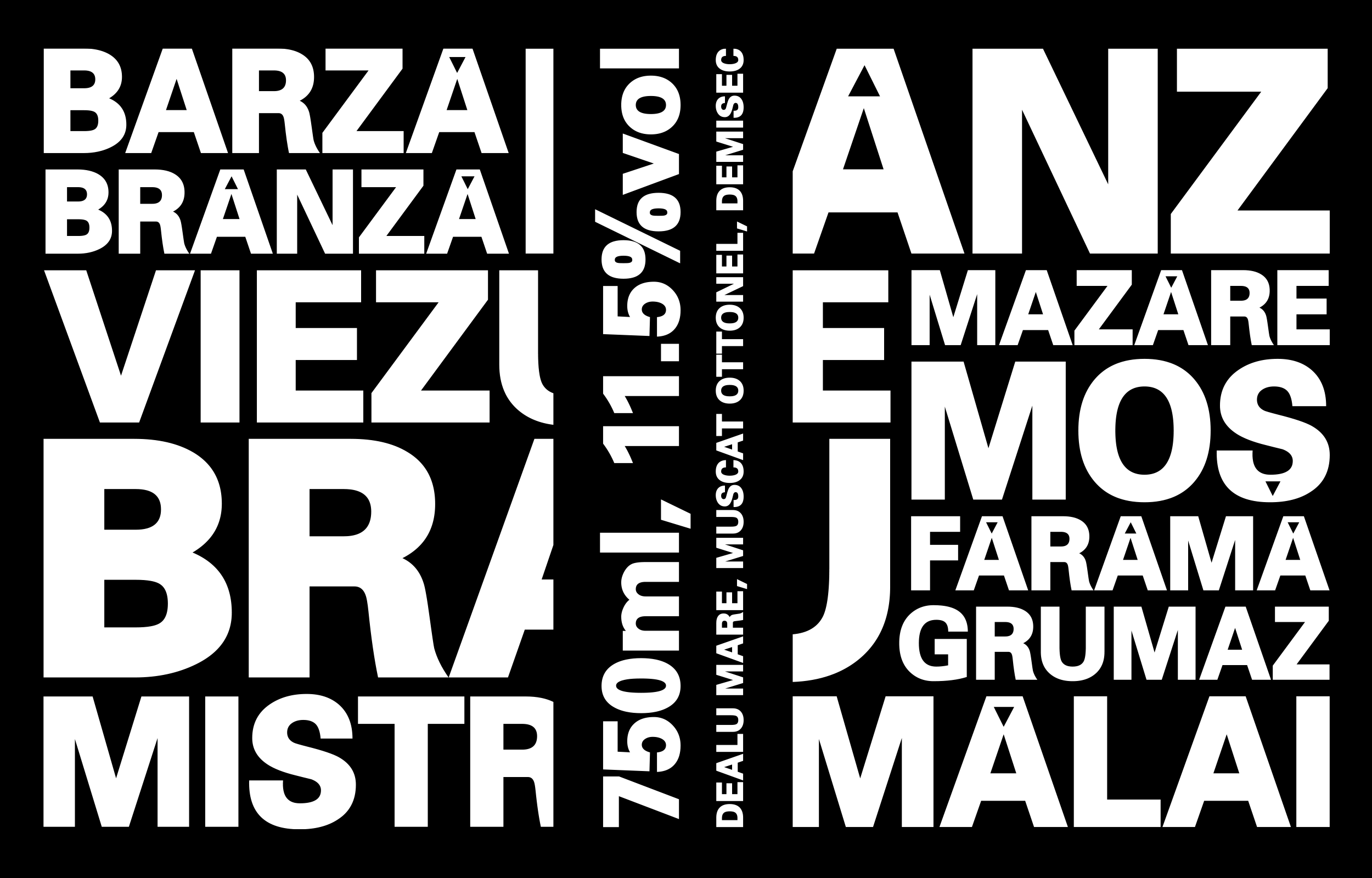 Bold white Romanian words arranged in stacked block lettering on black