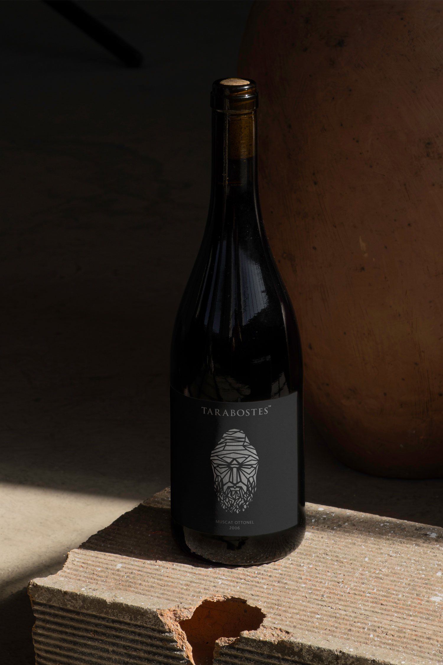 Dark wine bottle with white illustrated label standing against a clay pot
