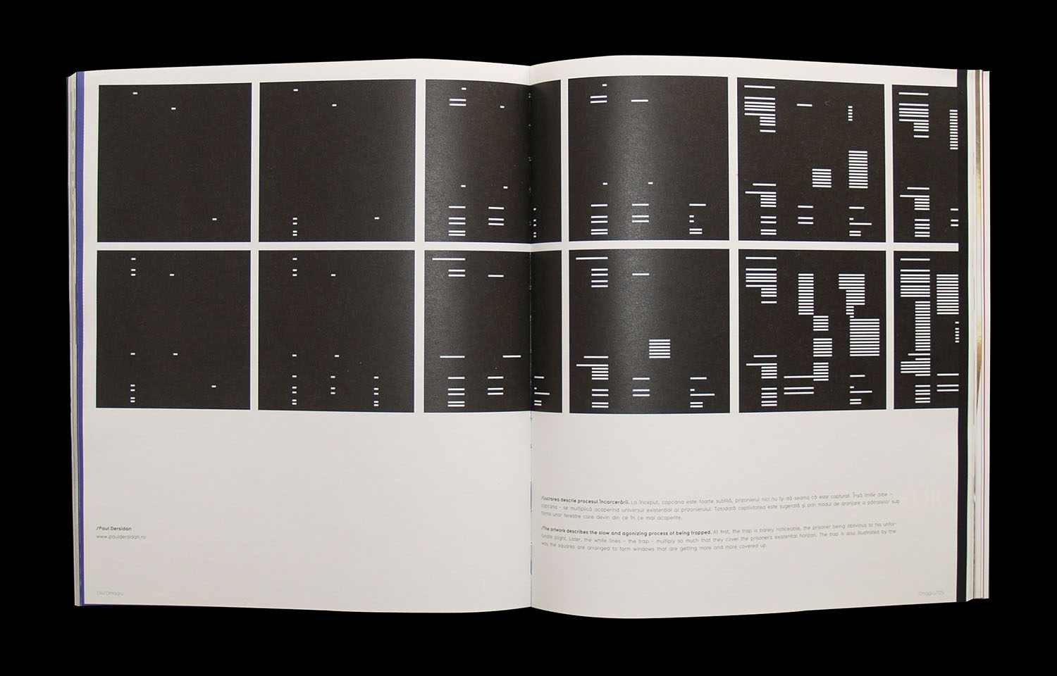 Open black-and-white art book spread with a geometric layout