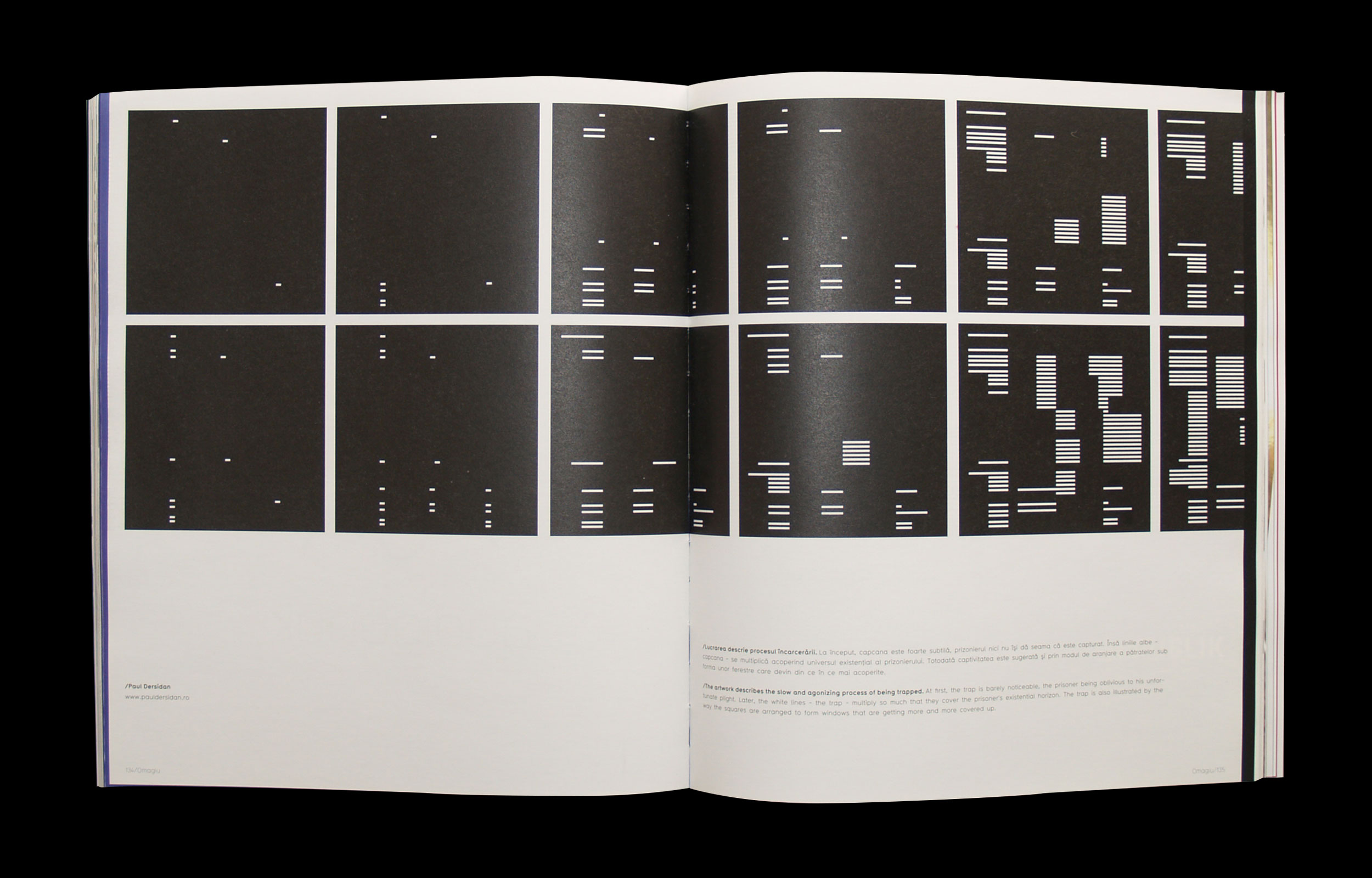 Open book spread with black rectangular panel layouts