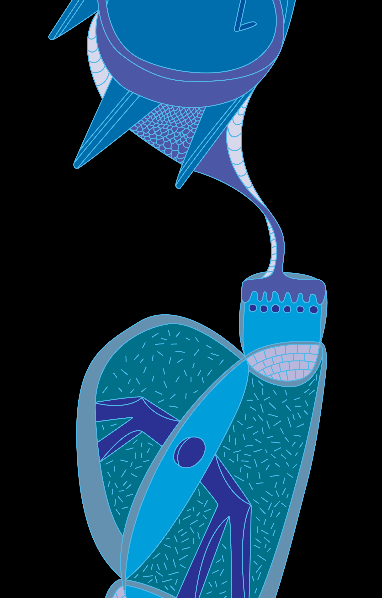Blue and purple oval abstract forms connected by a thin white line