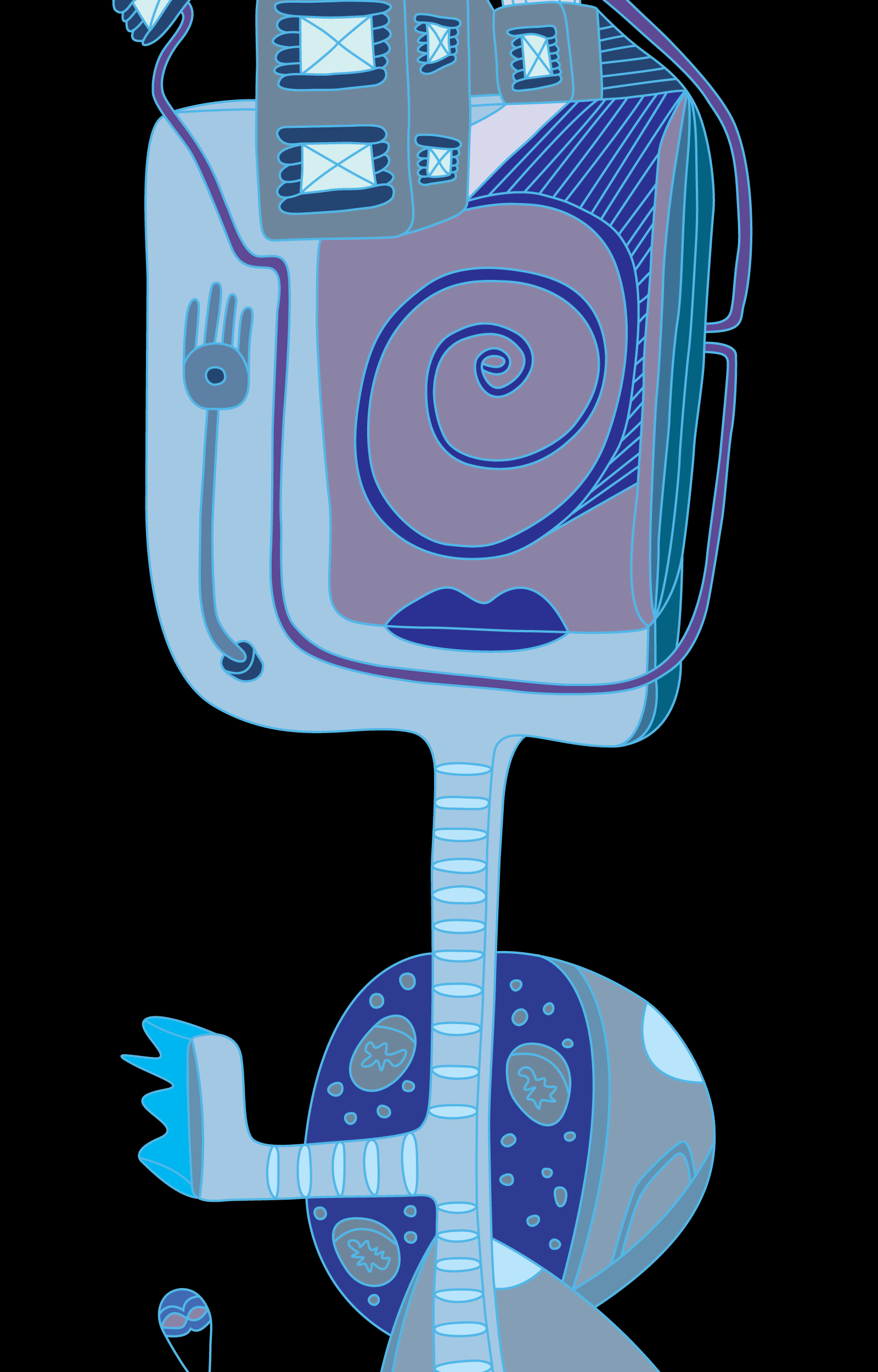 Blue robot-like figure with a purple spiral panel and round patterned body
