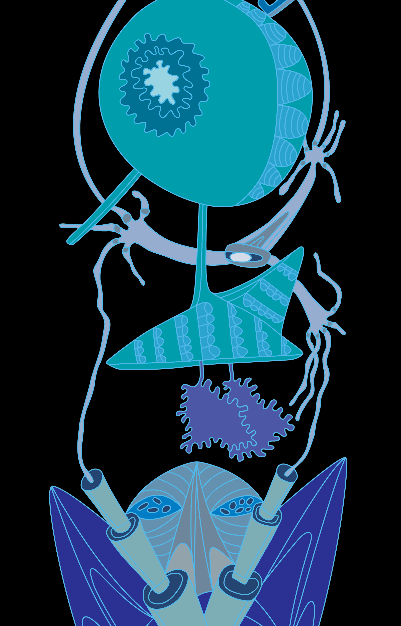 Pale blue line-drawn abstract figure with a large circular disc on black