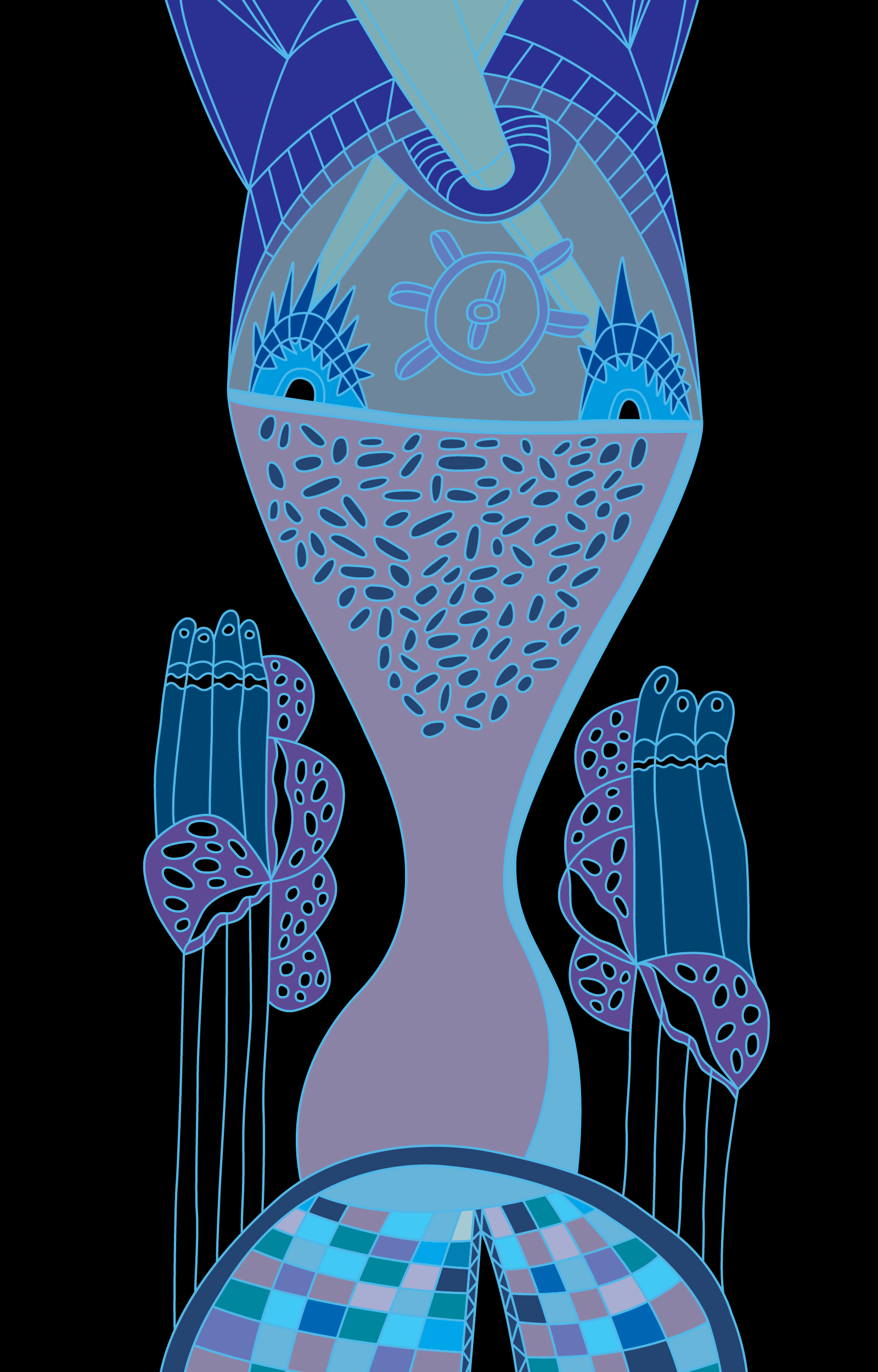 Blue and purple elongated abstract figure with a textured central panel