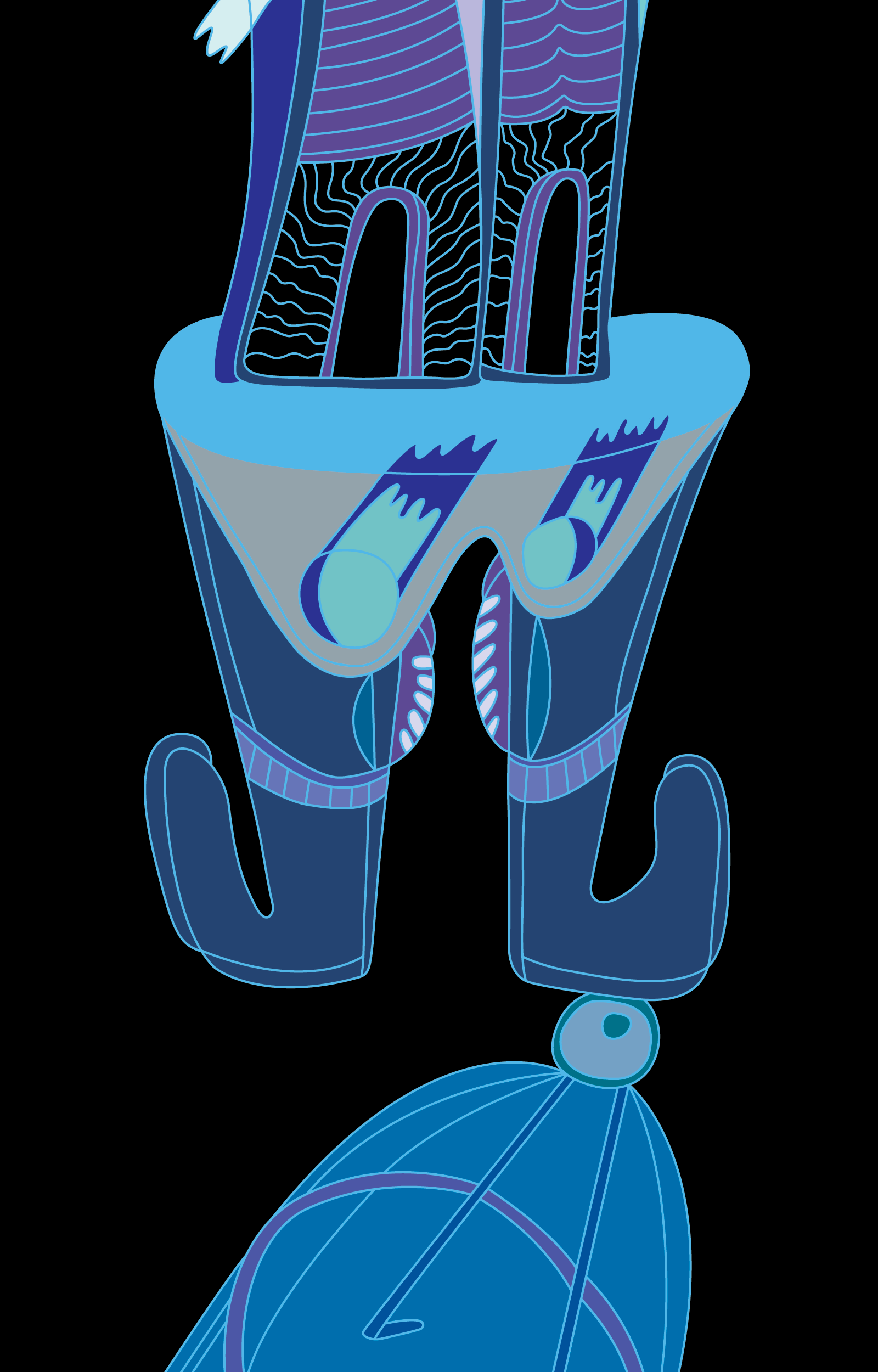 Blue and purple patterned lower-body forms with black boots