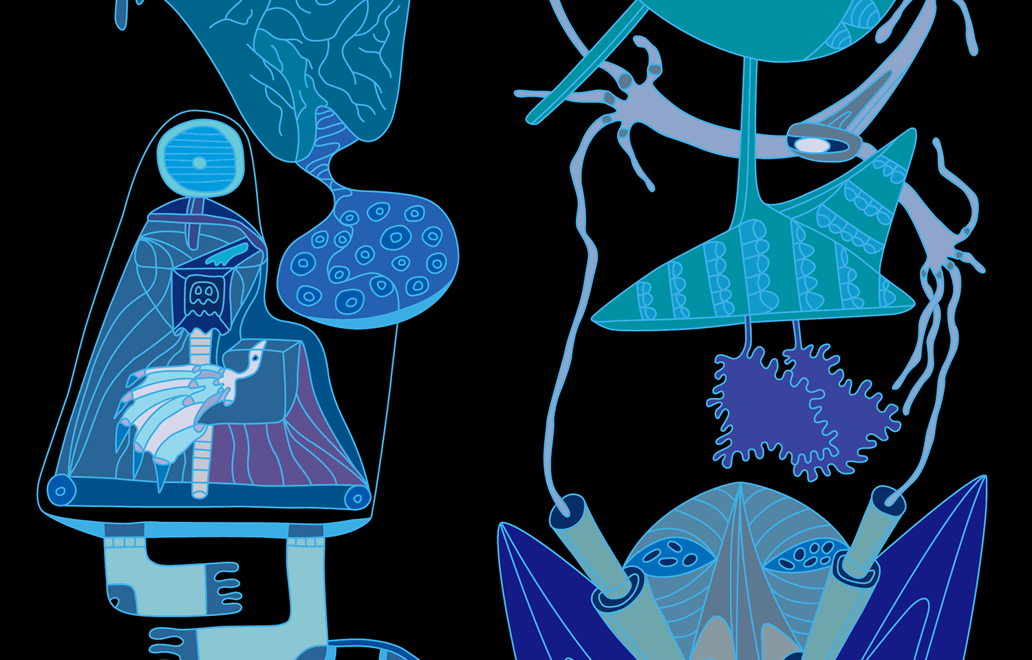 Blue stylised figures and abstract shapes on black