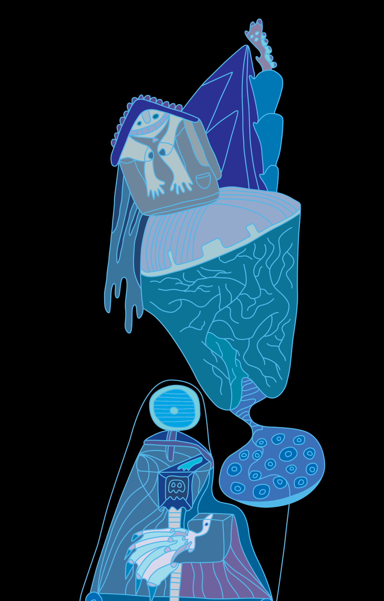 Tall blue and purple abstract figure with patterned forms on black