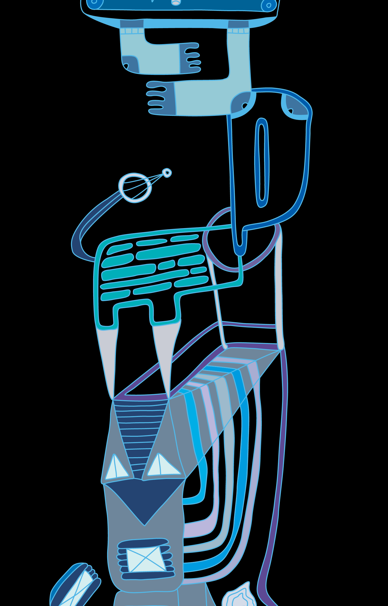 Blue mechanical abstract figure with a keyboard and looping cord on black