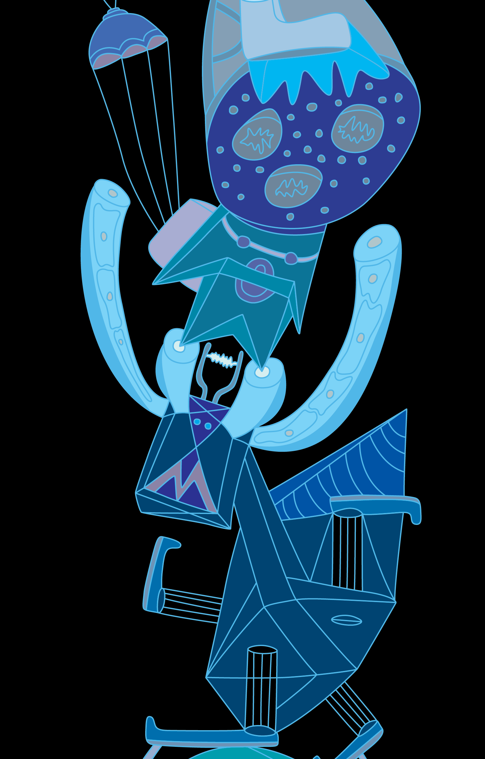 Blue abstract figure with a circular patterned head and curved arms