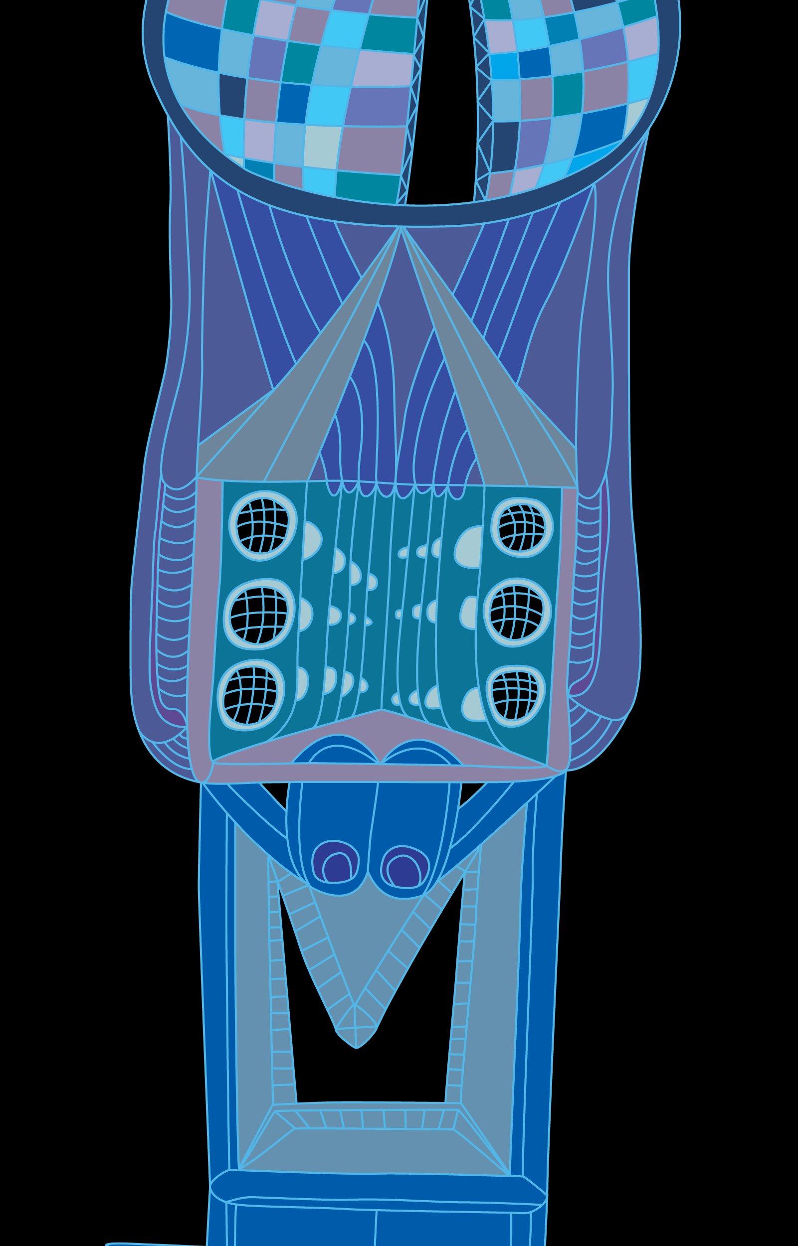 Blue vertical abstract figure with a turquoise buttoned panel on black