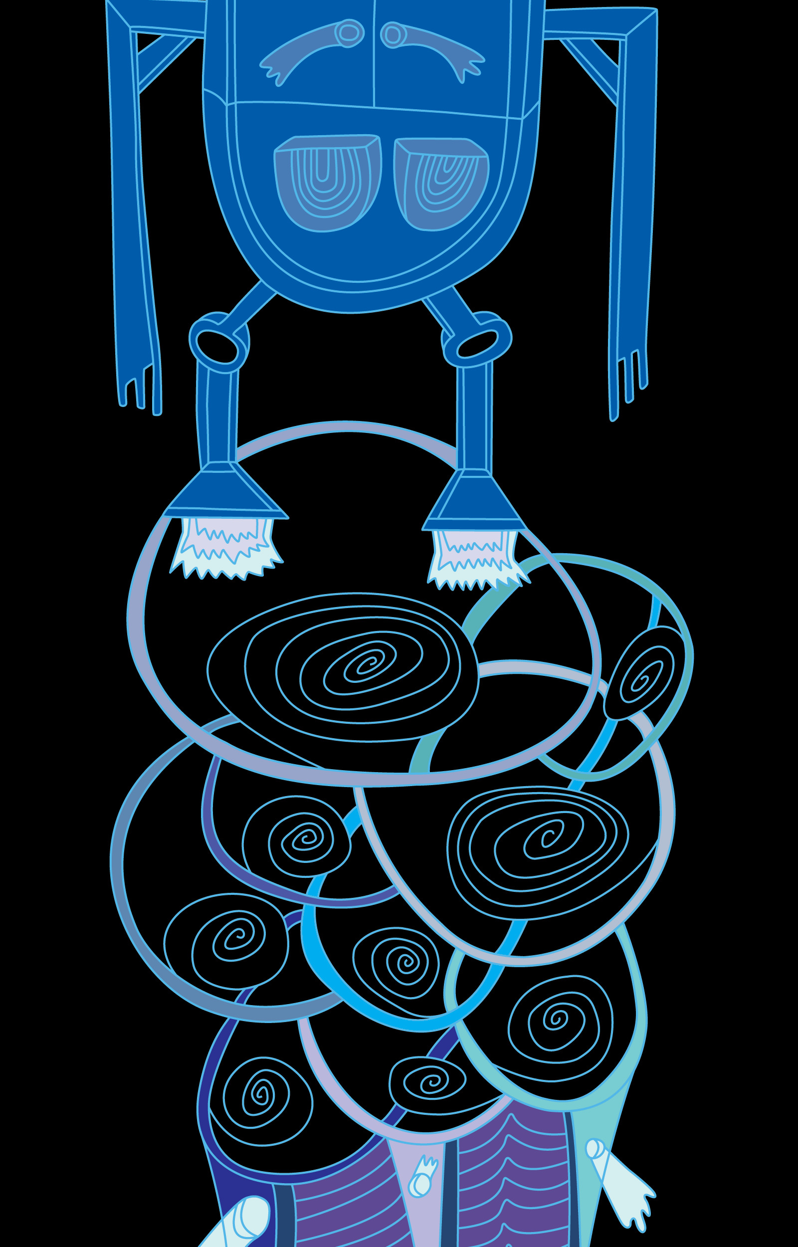 Blue abstract figure surrounded by looping black and white lines
