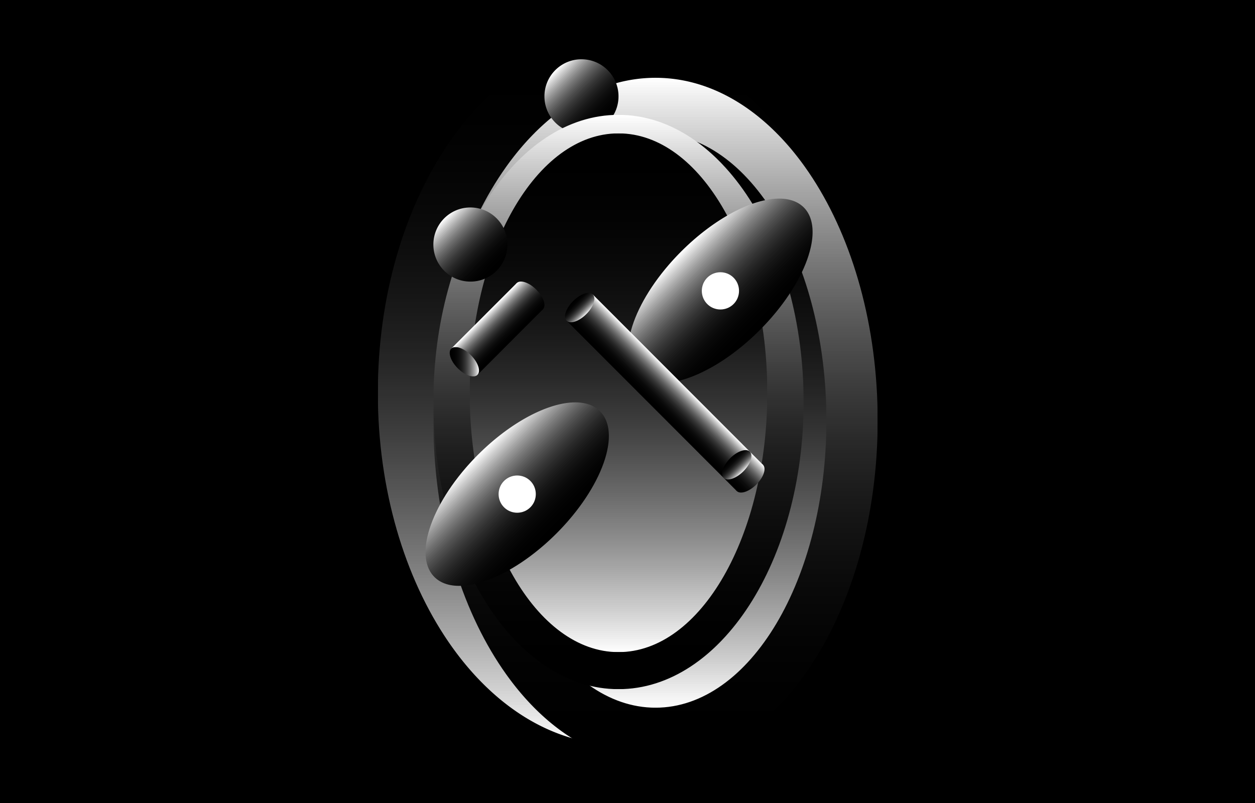 Silver looping abstract form with round nodes on a black background