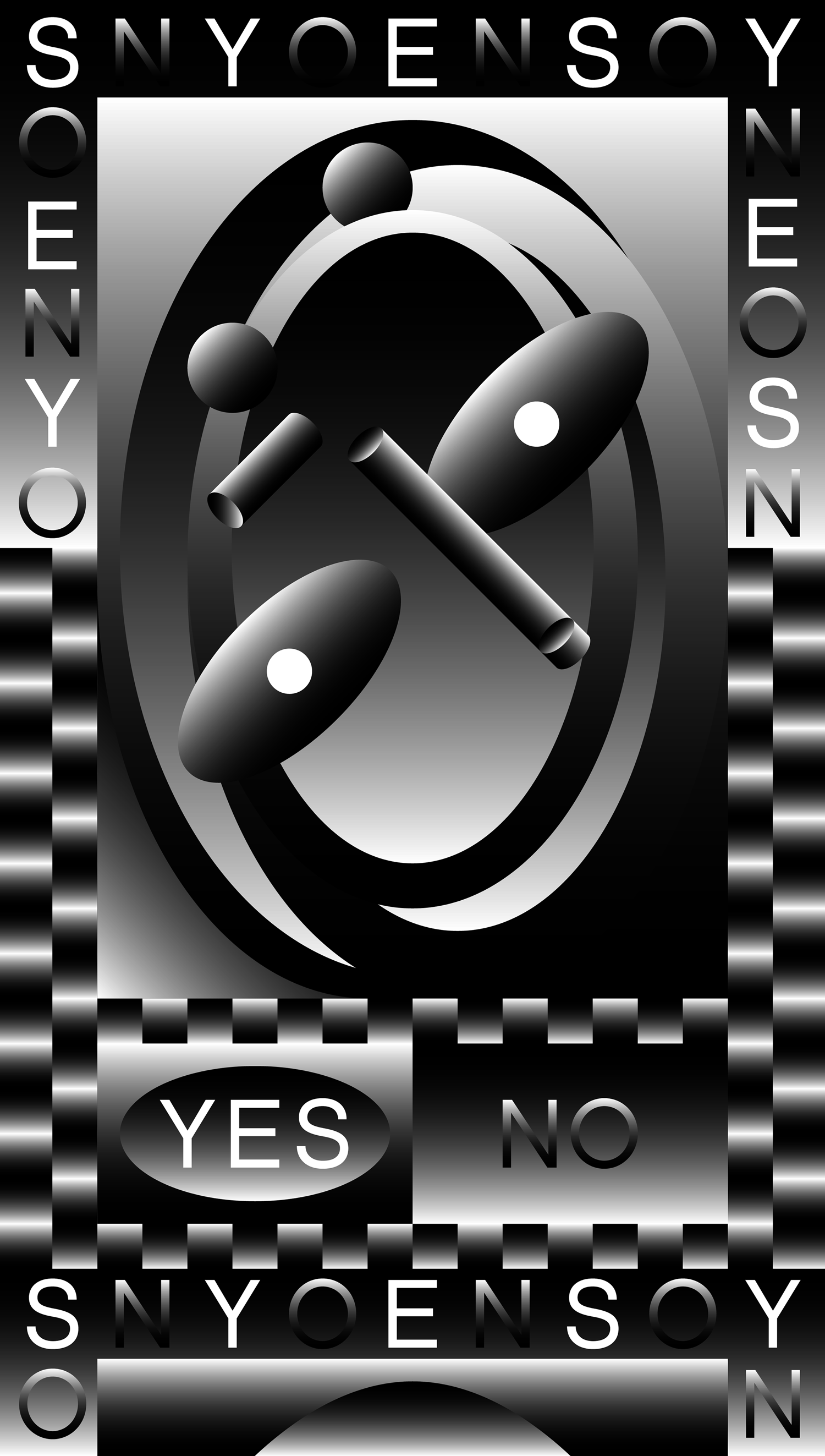 Tall black-and-silver poster with a looping abstract form, checkerboard border and YES NO labels