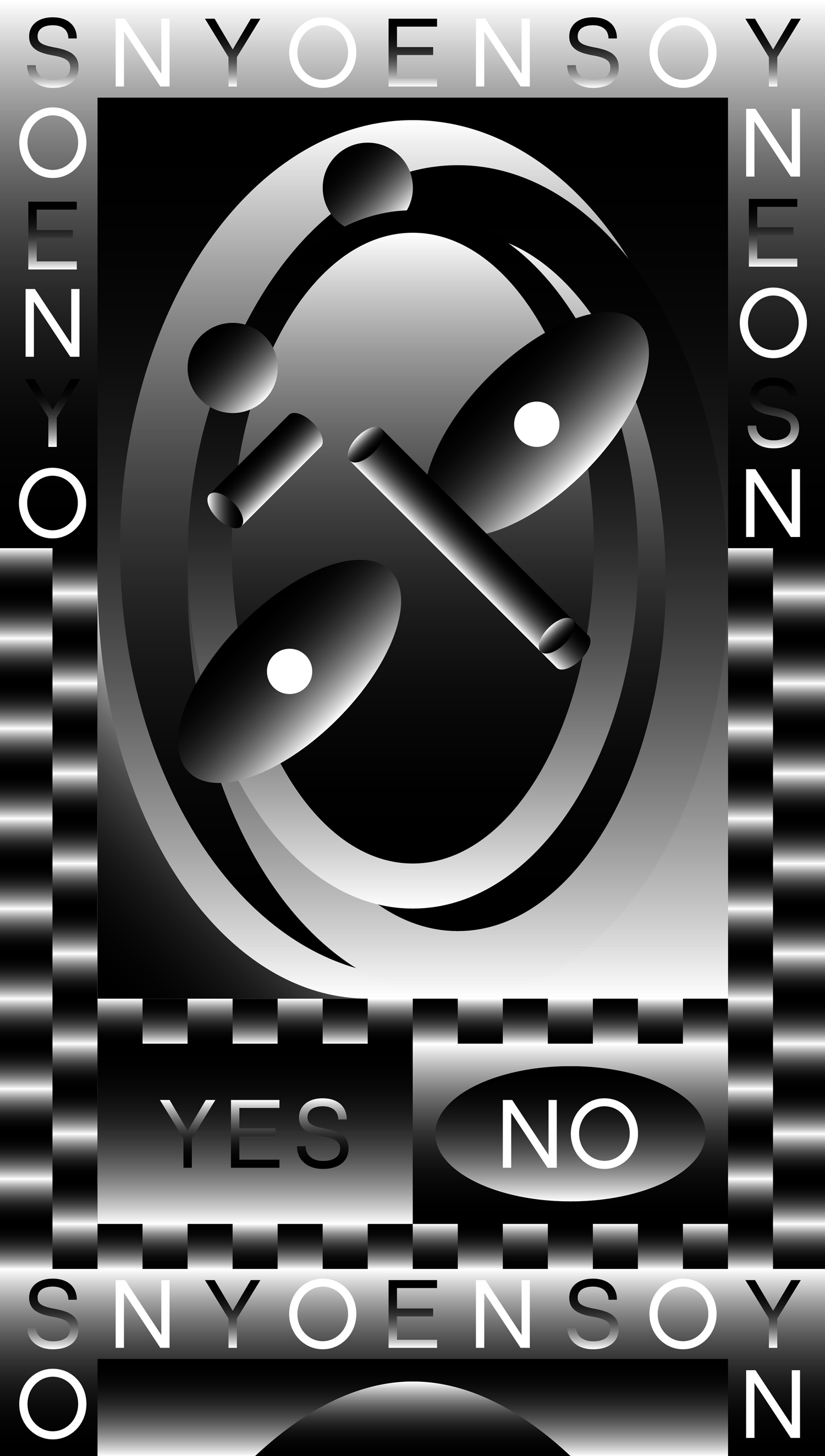 Tall black-and-silver poster with looping abstract forms and YES NO labels