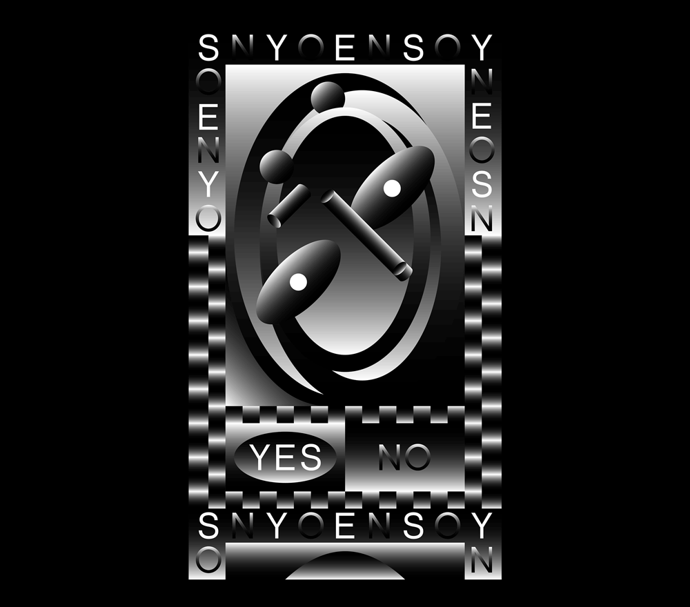 Animated black-and-silver poster with looping abstract form, checkerboard border and YES NO labels