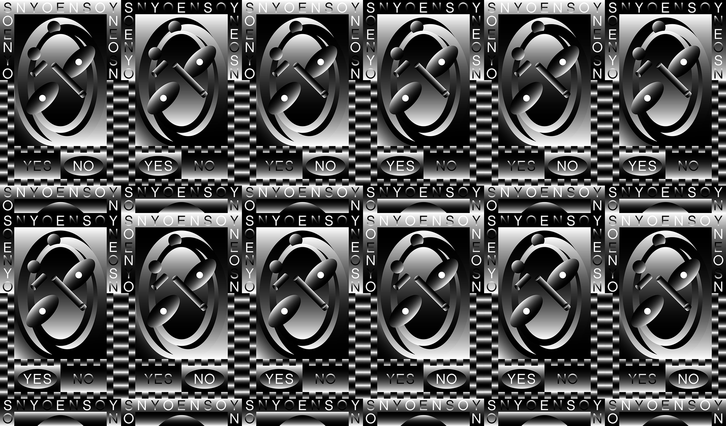 Grid of repeated black-and-silver Yes No poster designs