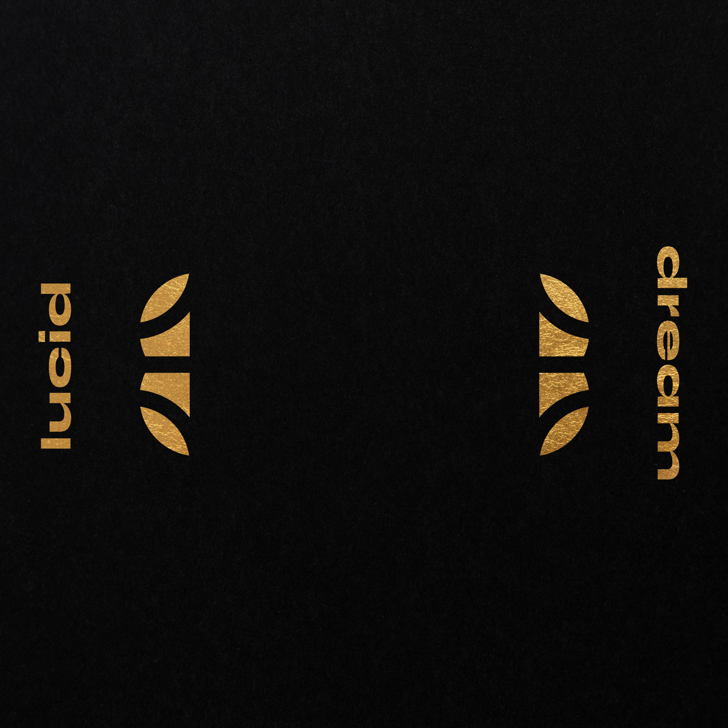 Gold curved marks and Lucid Asleep lettering arranged around black space