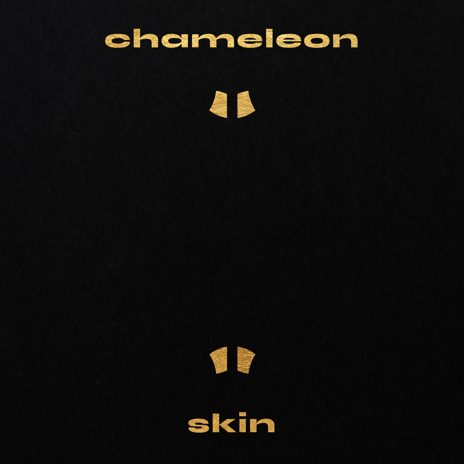 Two small gold curved marks with Chameleon Skin lettering on black